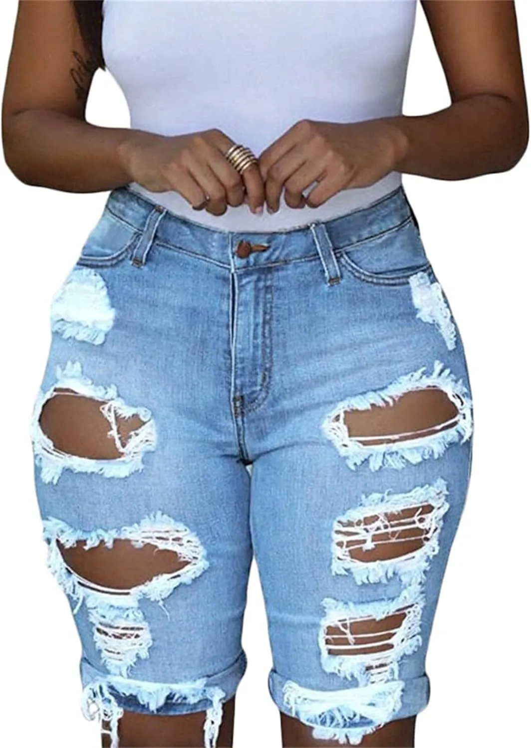 Andongnywell Women High Rise Ripped Frayed Raw Hem Denim Shorts Juniors Stretchy Casual Short Jeans Distressed Jean Shorts