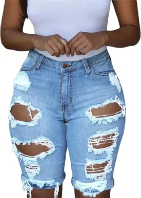 Andongnywell Women High Rise Ripped Frayed Raw Hem Denim Shorts Juniors Stretchy Casual Short Jeans Distressed Jean Shorts