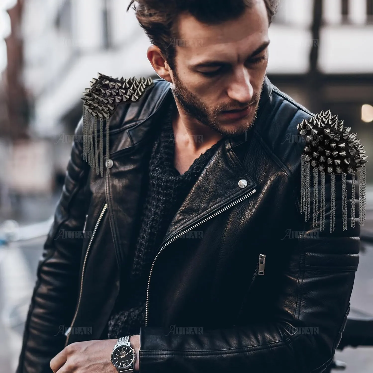 AUEAR, 1 Pair Rivet Shoulder Epaulets Tassel Chain Fashion Metal Epaulettes Badge for Men and Women