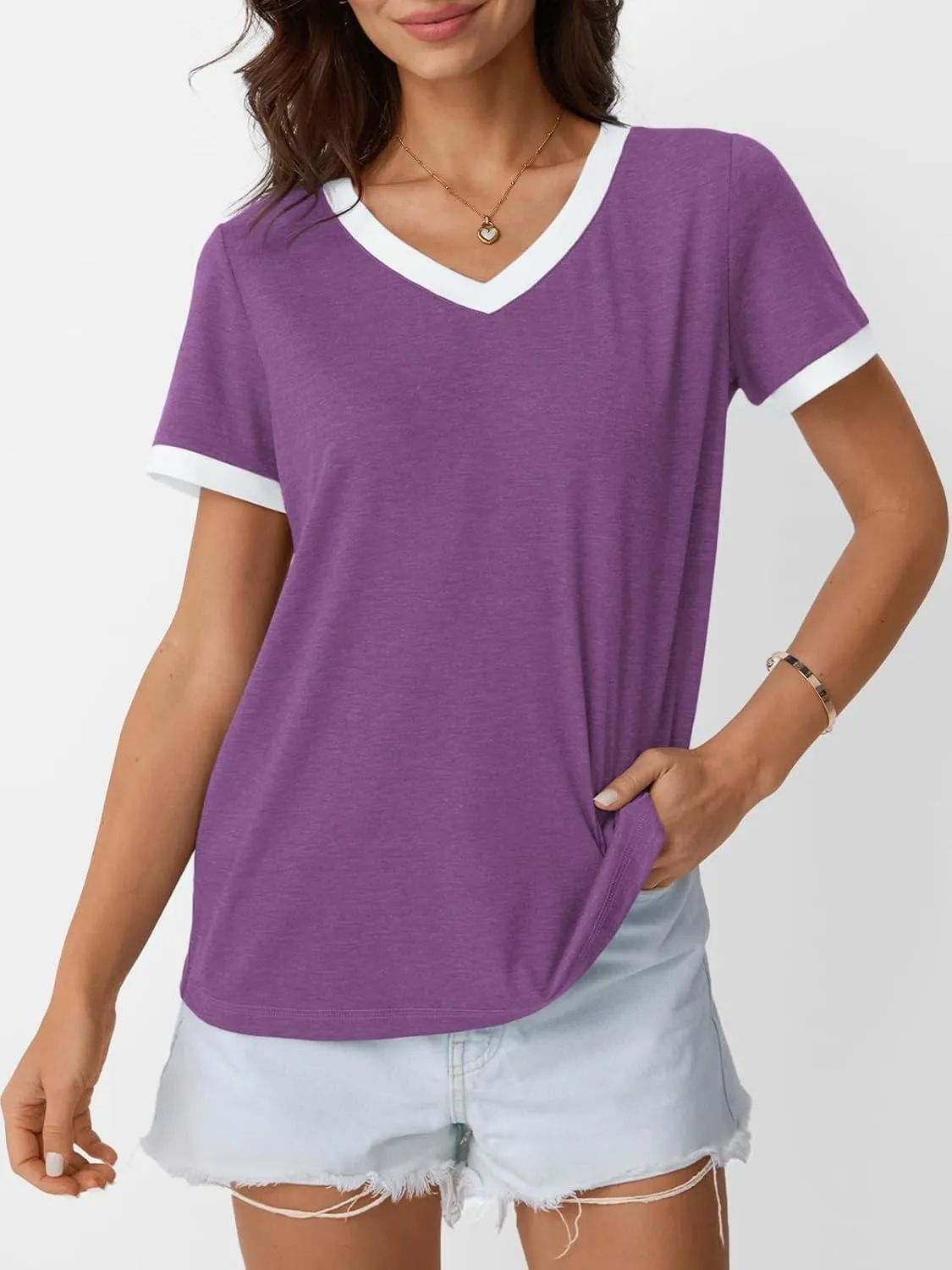 AUTOMET Womens Short Sleeve T-Shirts Summer Tops Casual Soft Tunic V Neck Basic Workout Clothes Spring Fashion Outfits 2025
