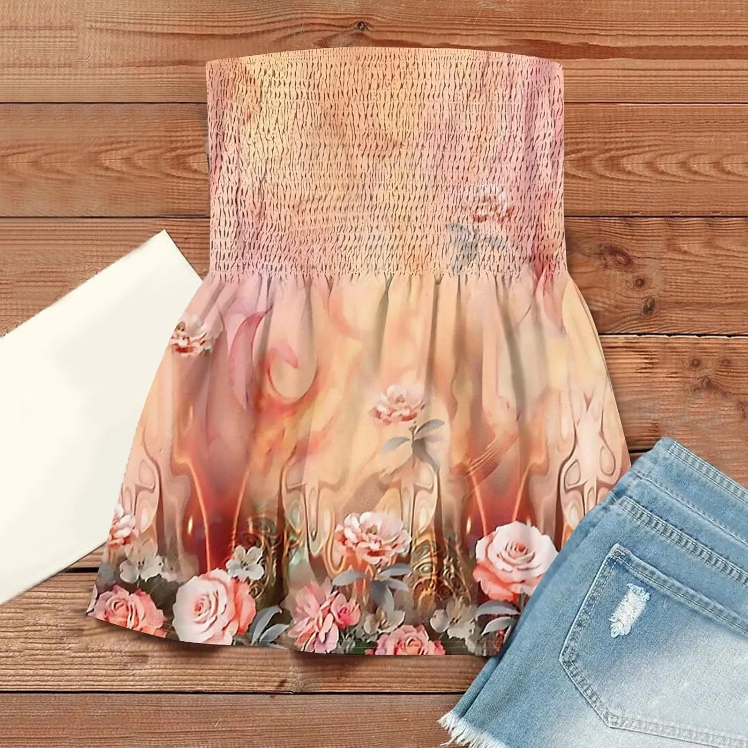 Bandeau Tops for Women Smocked Ruffled Sleeveless Bandeau Floral Print Strapless Tube Tops Business Casual Tanks