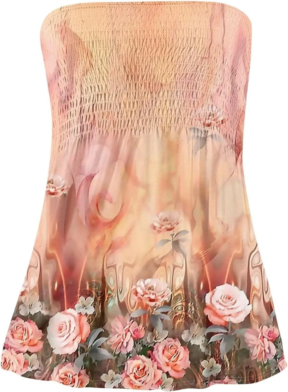 Bandeau Tops for Women Smocked Ruffled Sleeveless Bandeau Floral Print Strapless Tube Tops Business Casual Tanks