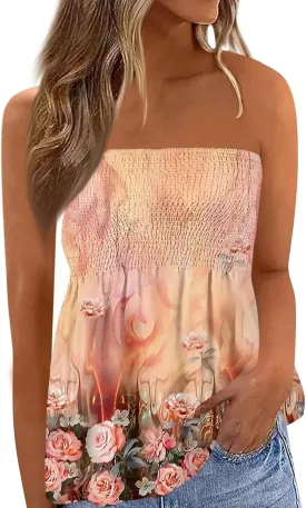 Bandeau Tops for Women Smocked Ruffled Sleeveless Bandeau Floral Print Strapless Tube Tops Business Casual Tanks