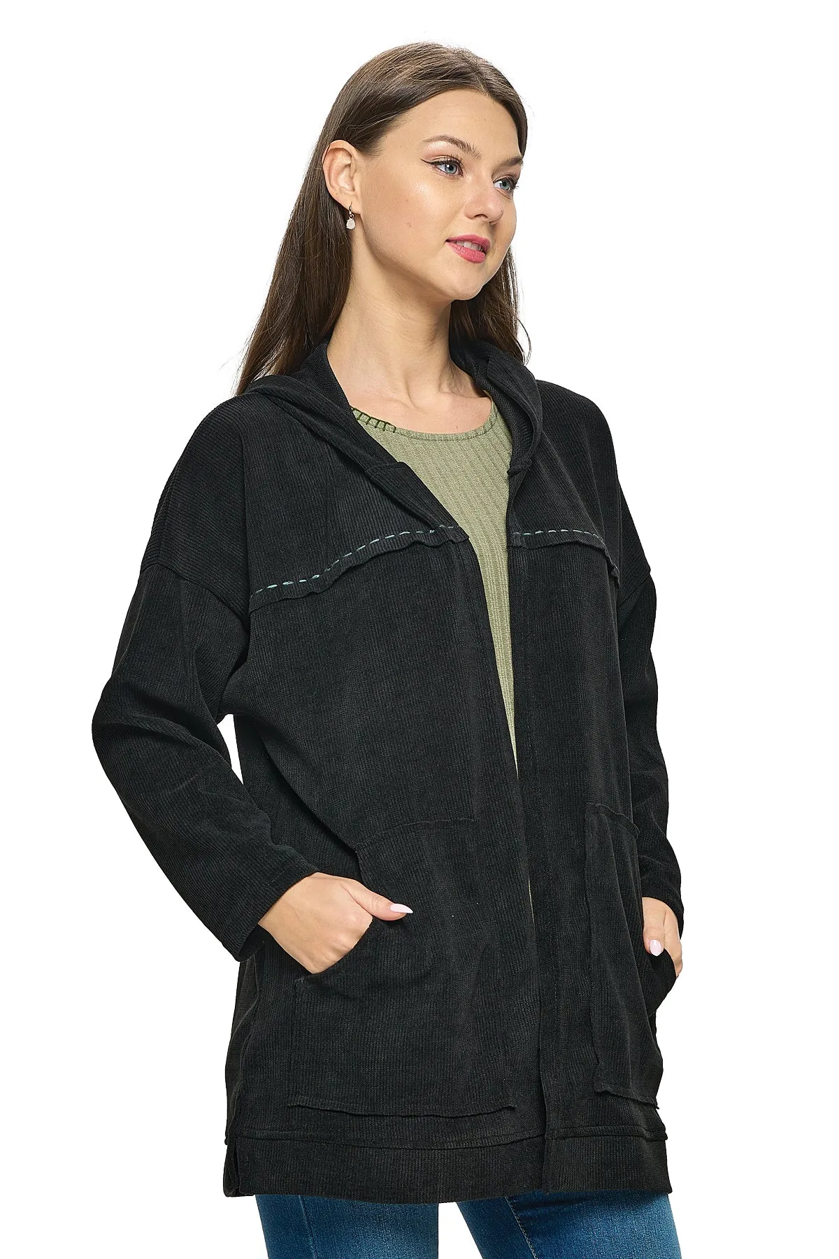 Black Jacket Oversized Hooded Ribbed Handstitches