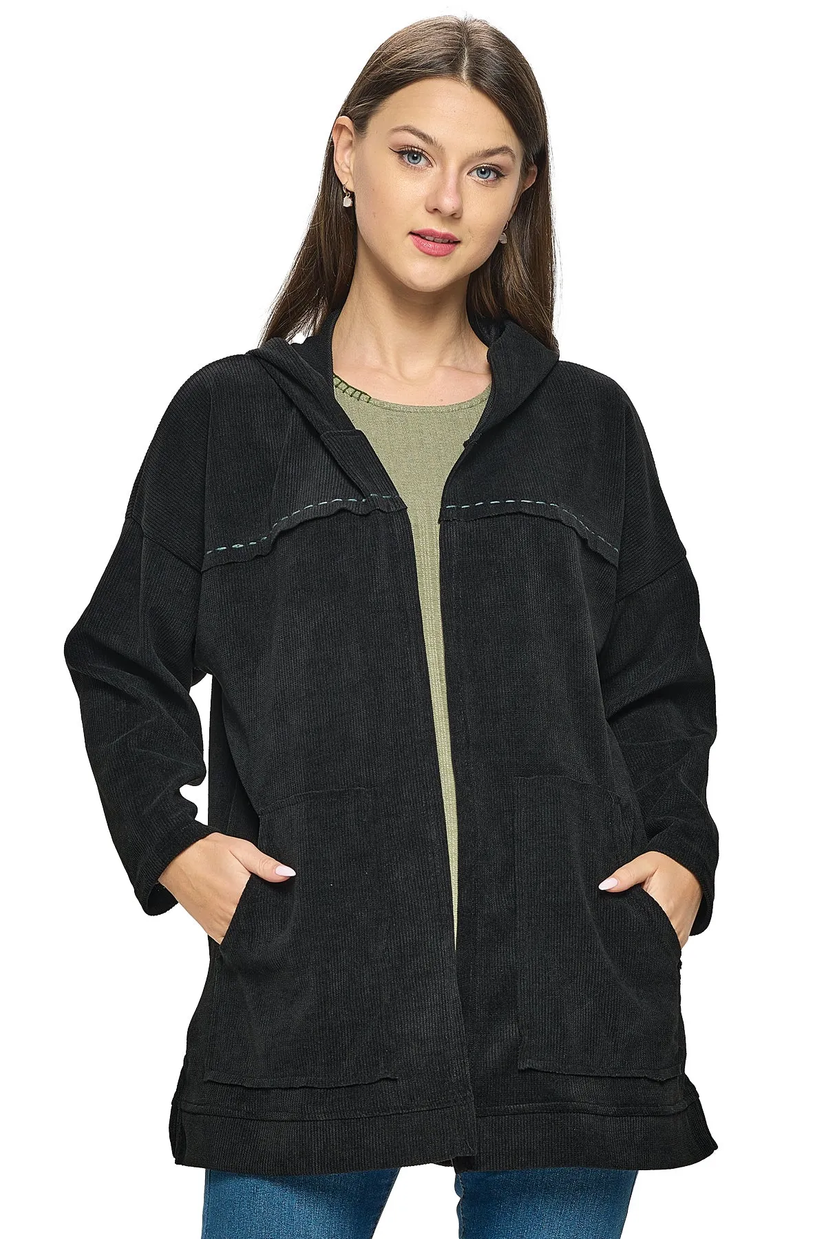Black Jacket Oversized Hooded Ribbed Handstitches