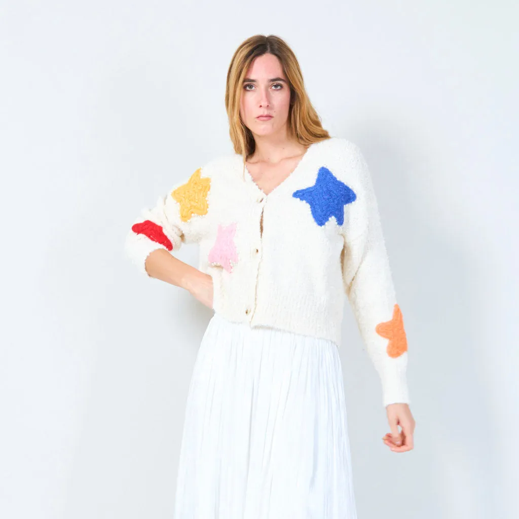 Button-up cardigan with star appliqués and pearl accents wholesale