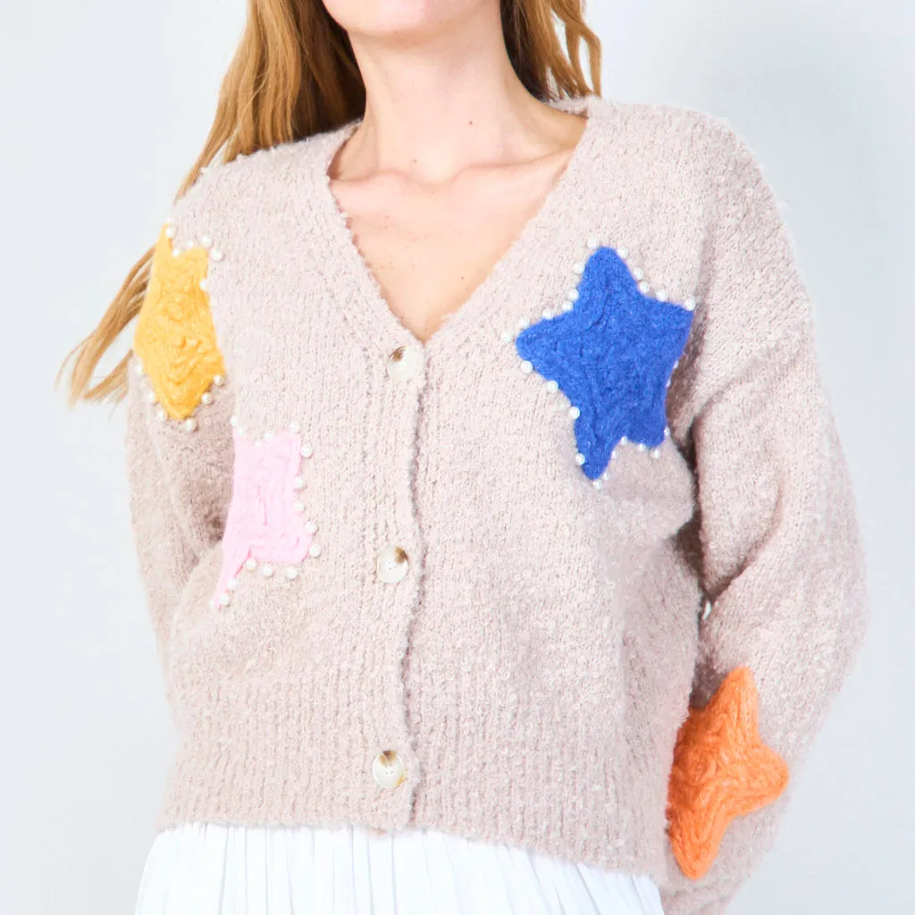 Button-up cardigan with star appliqués and pearl accents wholesale