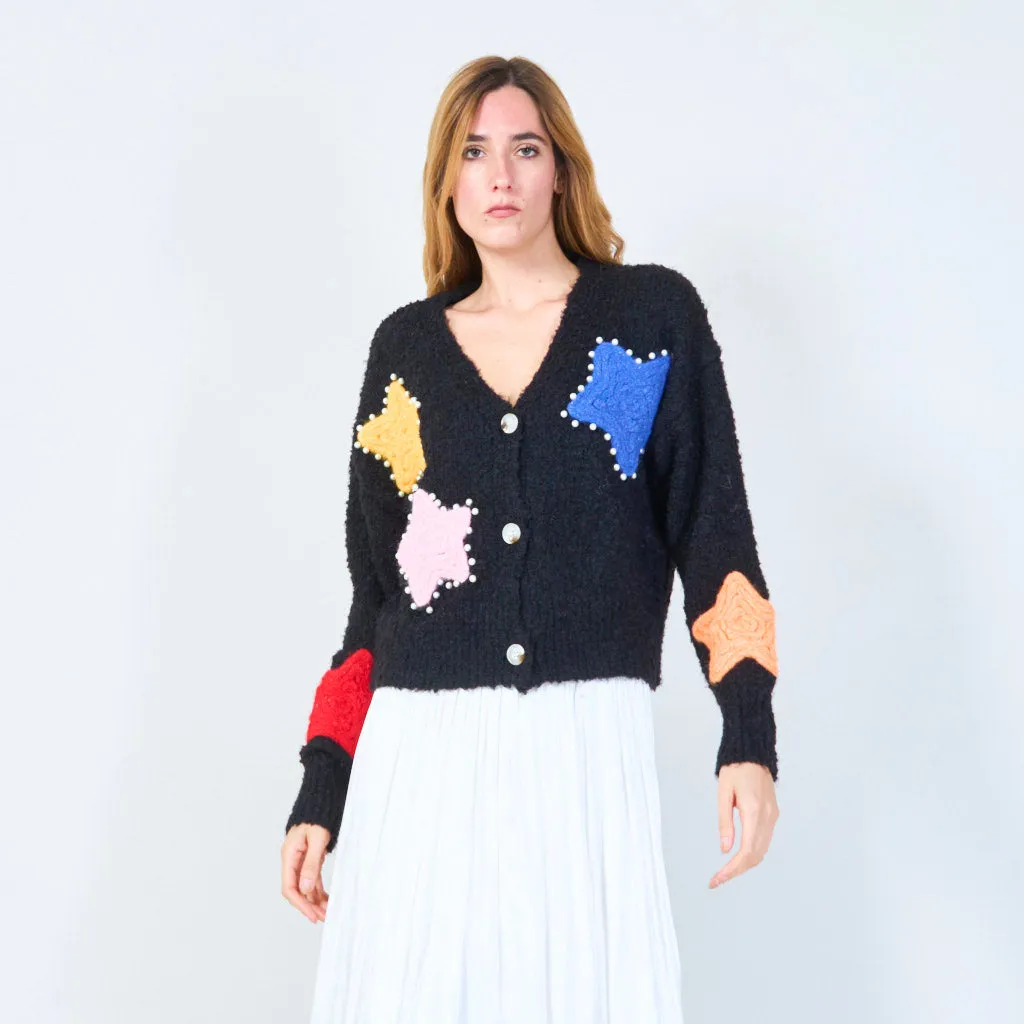 Button-up cardigan with star appliqués and pearl accents wholesale