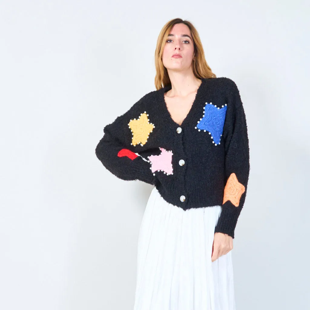 Button-up cardigan with star appliqués and pearl accents wholesale