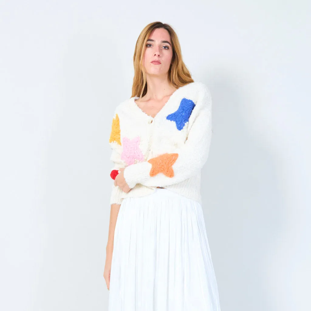 Button-up cardigan with star appliqués and pearl accents wholesale