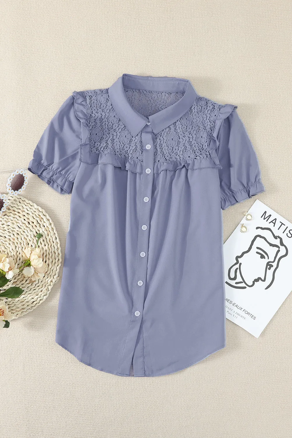 Casual Lace Patchwork Short Sleeve Shirt