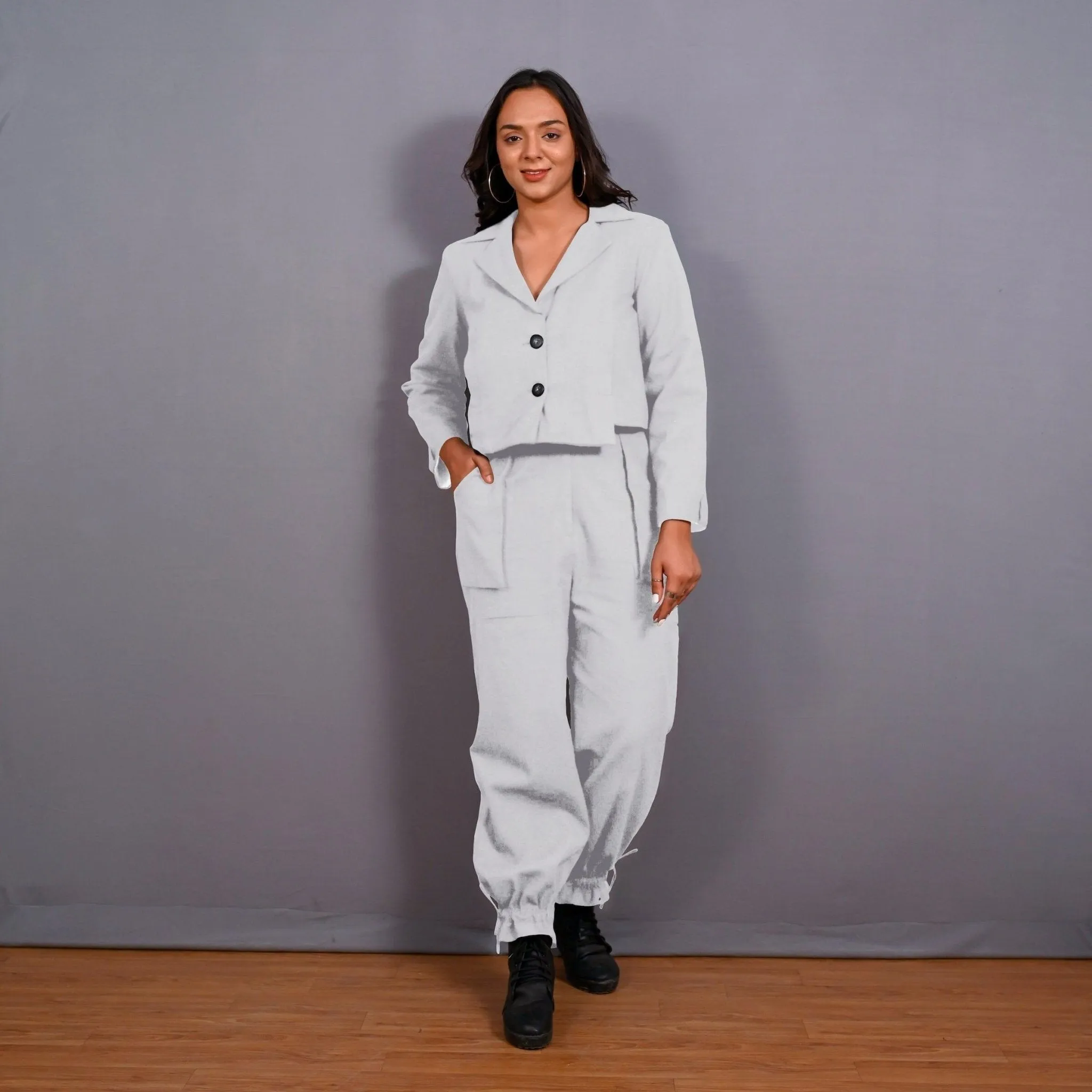 Cloudy Grey Warm Cotton Flannel Single-Breasted Crop Blazer