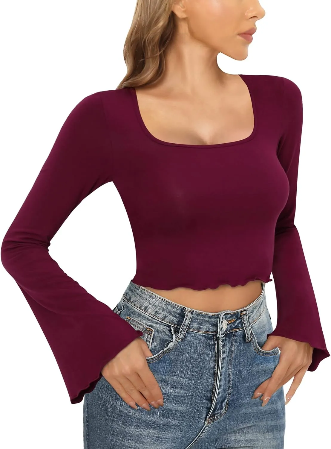 CLOZOZ Crop Tops for Women Square Neck Long Bell Sleeve Tops Lettuce Trim Crop Top Slim Fitted Blouse Sexy Tops for Women