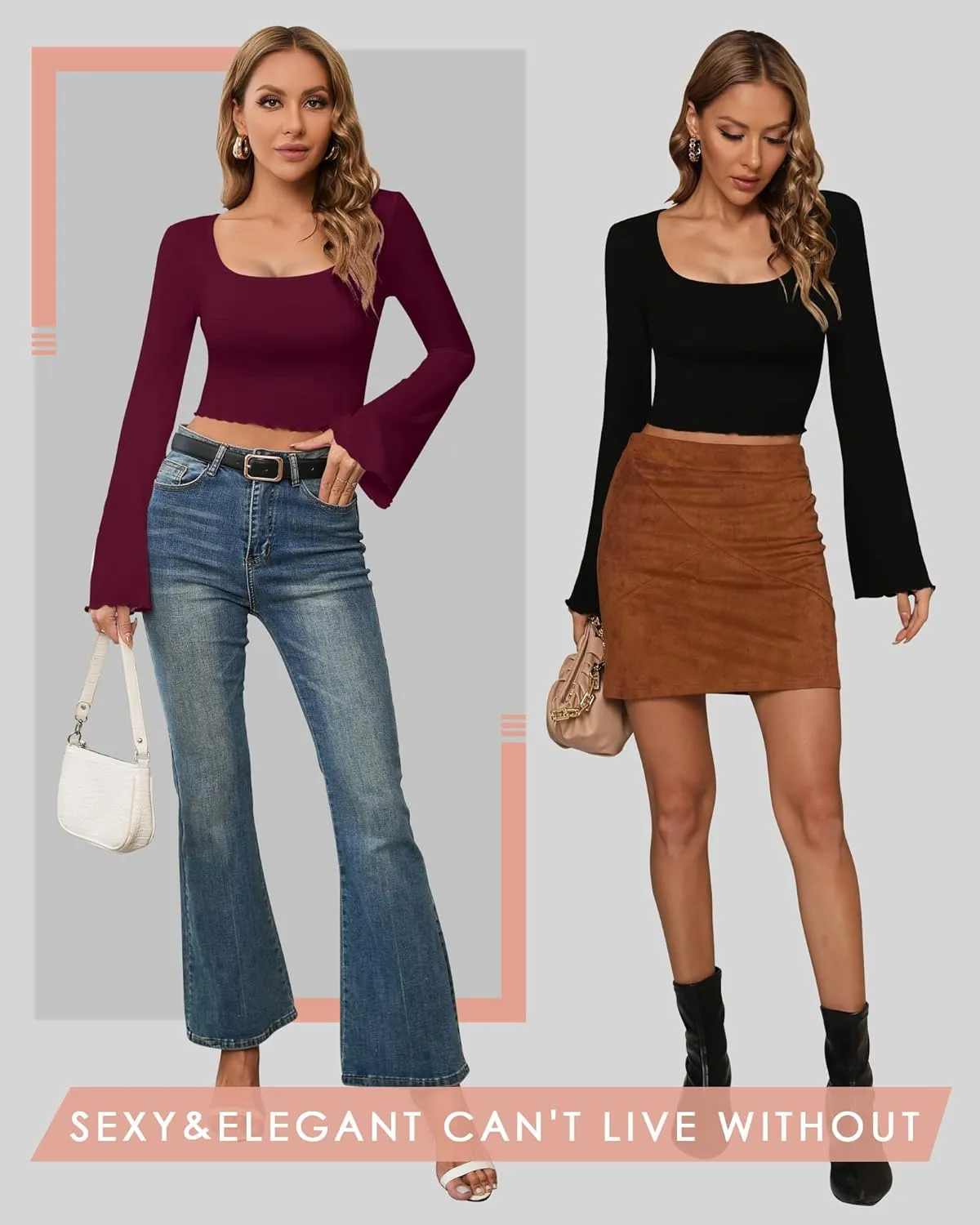CLOZOZ Crop Tops for Women Square Neck Long Bell Sleeve Tops Lettuce Trim Crop Top Slim Fitted Blouse Sexy Tops for Women