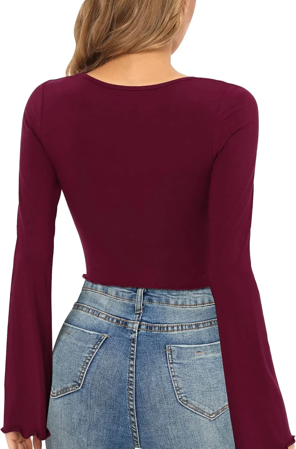 CLOZOZ Crop Tops for Women Square Neck Long Bell Sleeve Tops Lettuce Trim Crop Top Slim Fitted Blouse Sexy Tops for Women