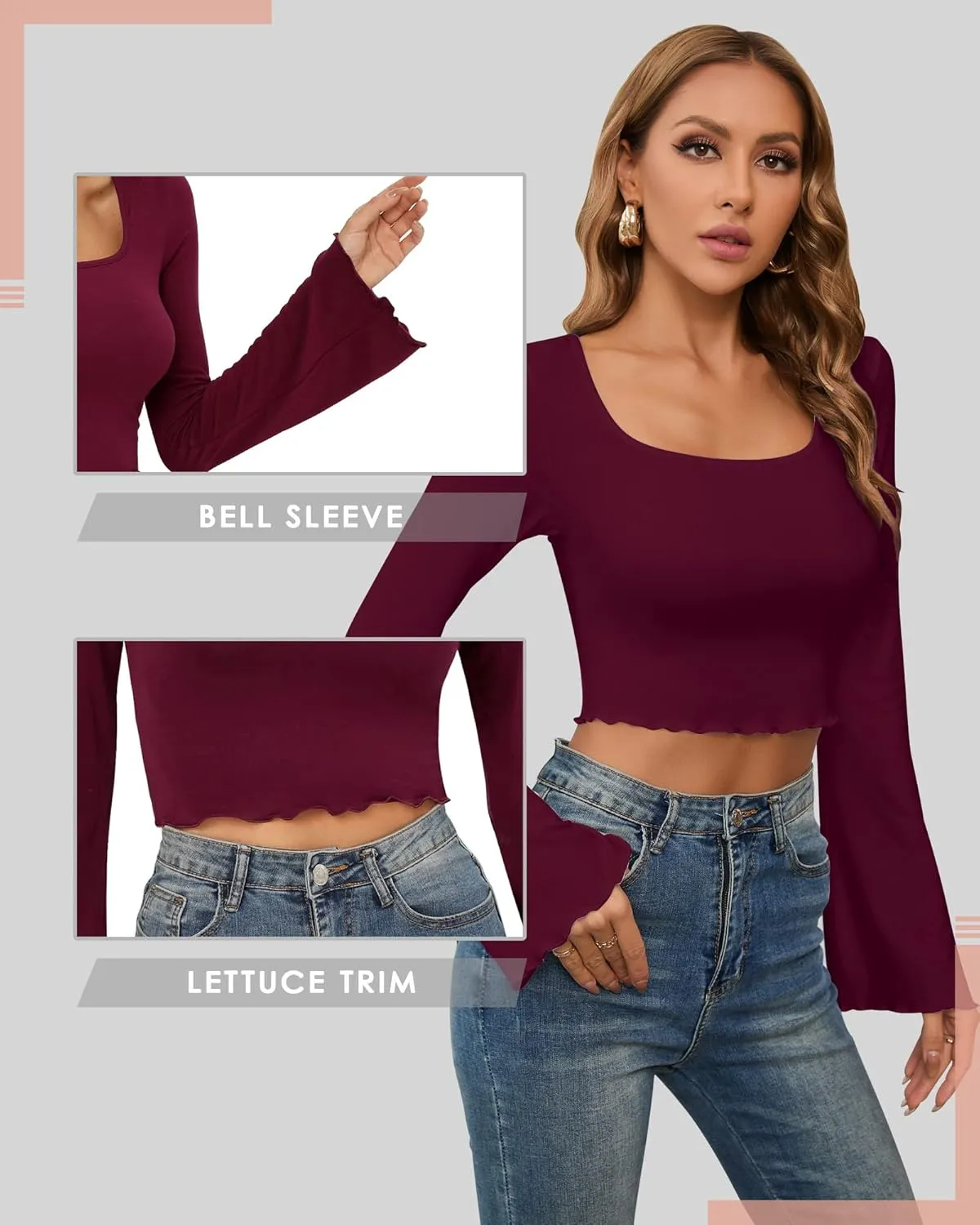 CLOZOZ Crop Tops for Women Square Neck Long Bell Sleeve Tops Lettuce Trim Crop Top Slim Fitted Blouse Sexy Tops for Women