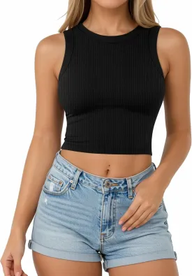 CLOZOZ Womens Tank Tops Round Neck Ribbed Sleeveless Crop Tops for Women High Neck Basic Crop Tank Top