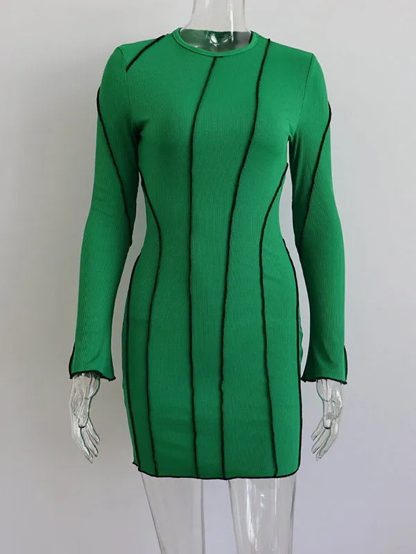 Contrast Color Bodycon High Waisted Round-Neck Mini Dresses