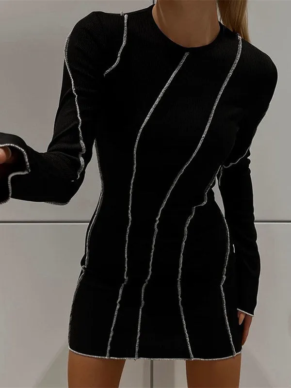 Contrast Color Bodycon High Waisted Round-Neck Mini Dresses