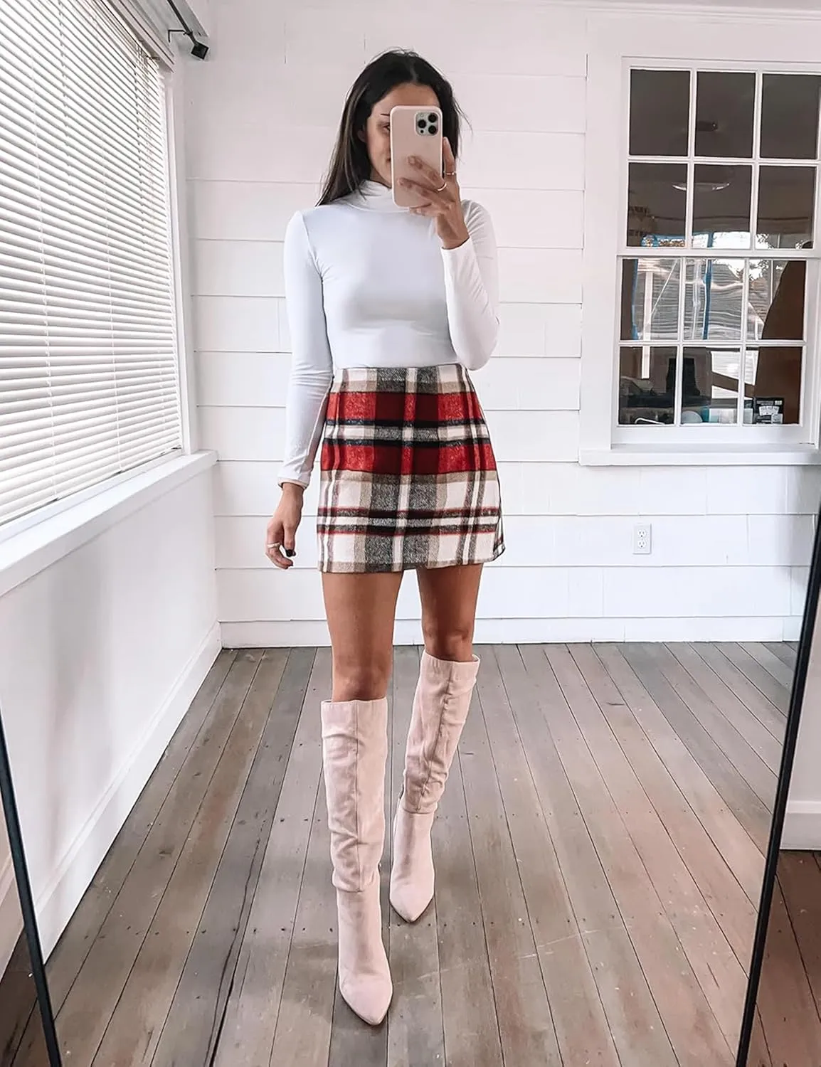 Dqbeng Plaid Skirts for Women High Waisted A Line Flannel Pencil Bodycon Skirt