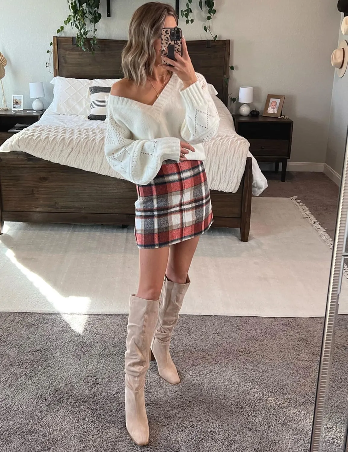 Dqbeng Plaid Skirts for Women High Waisted A Line Flannel Pencil Bodycon Skirt