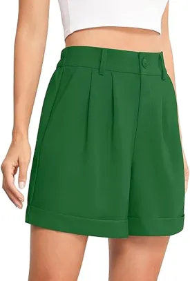Dress Shorts for Women Dressy Casual Summer Pleated Tailored Back Elastic Waist Wide Legtrouser Shorts with Pockets