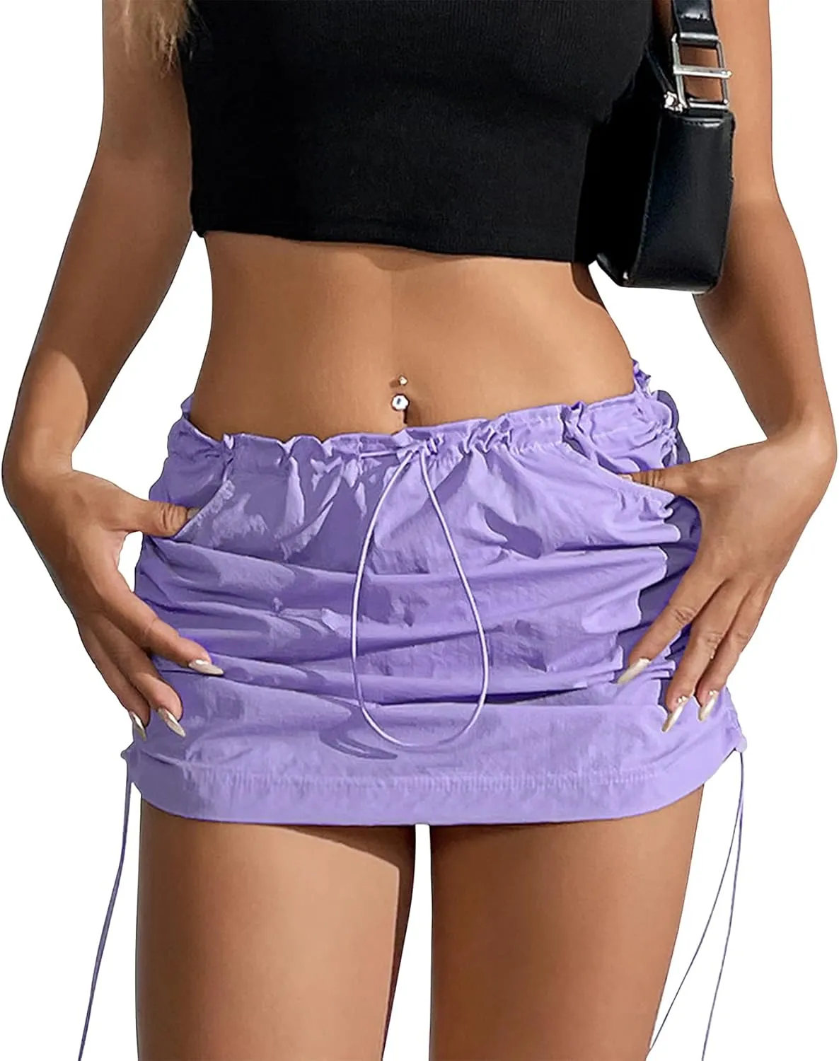 Durio Cargo Skirt Y2K, Mini Skirt for Women Drawstring Sexy Skirt Low Rise with Pocket
