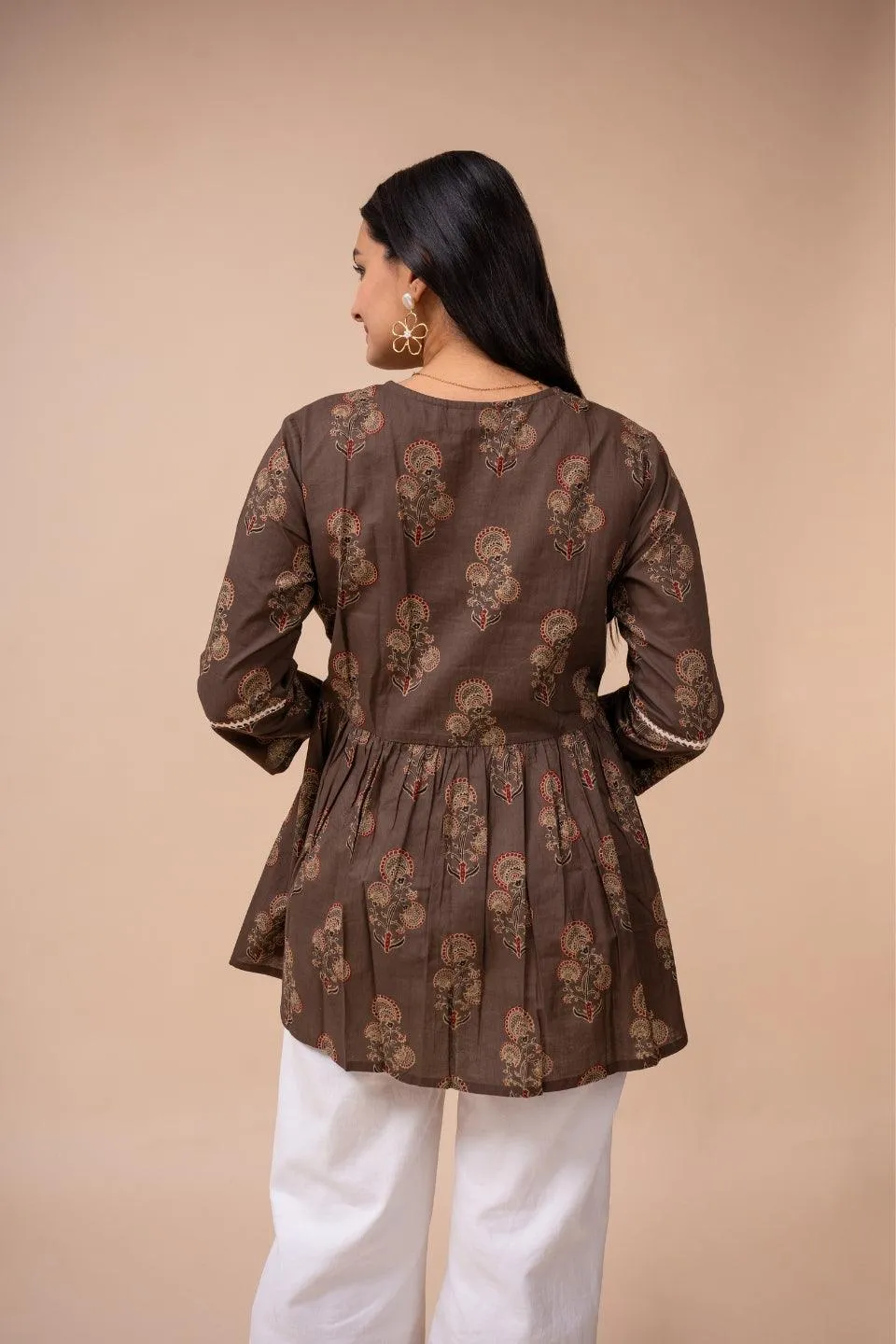 Ekisha's women brown floral printed cotton tunic top short kurti