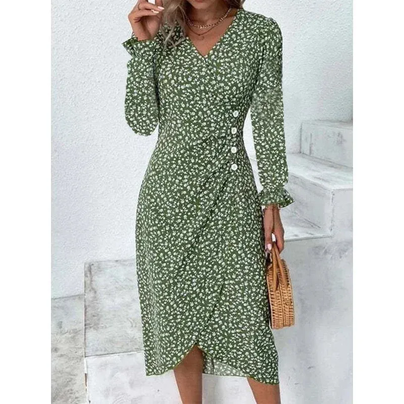 Elegant Floral Pleated Midi Dress with V Neck Puff Sleeves