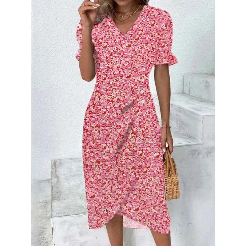 Elegant Floral Pleated Midi Dress with V Neck Puff Sleeves