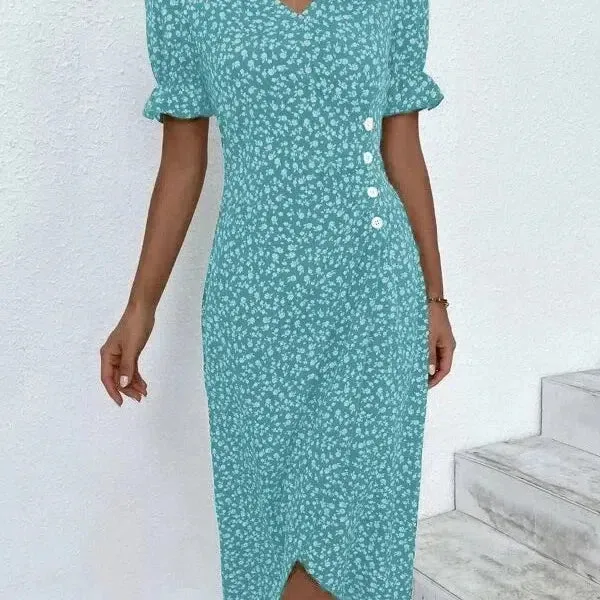 Elegant Floral Pleated Midi Dress with V Neck Puff Sleeves
