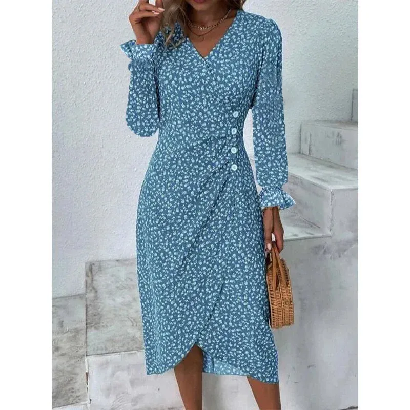 Elegant Floral Pleated Midi Dress with V Neck Puff Sleeves