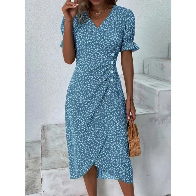 Elegant Floral Pleated Midi Dress with V Neck Puff Sleeves