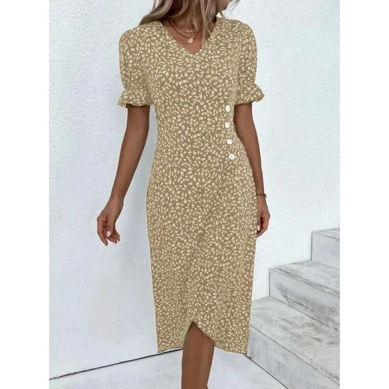 Elegant Floral Pleated Midi Dress with V Neck Puff Sleeves
