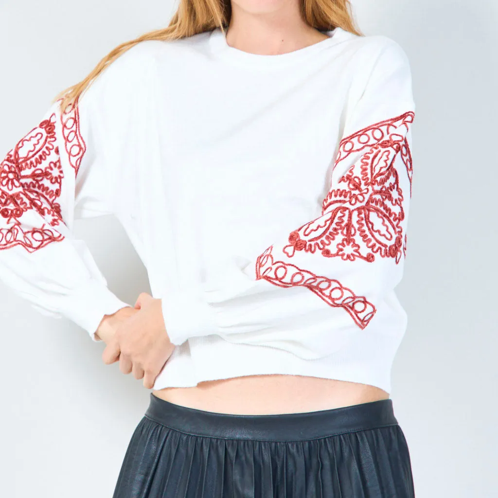 Embroidered sleeve pullover sweater wholesale