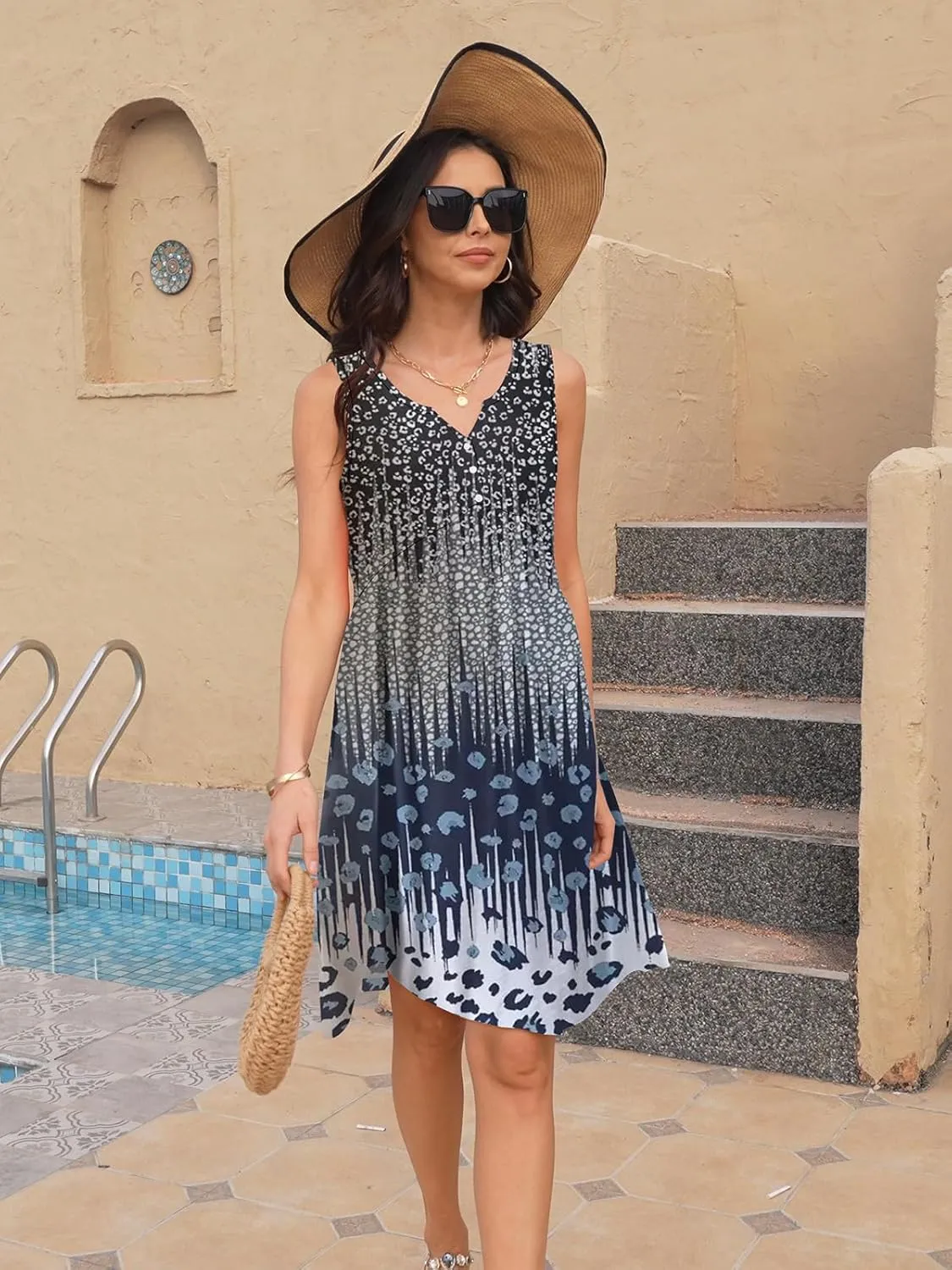 ETCYY Summer Dresses for Women 2025 Vacation Sleeveless Ruffle Beach Mini Dress Button Tank V Neck Floral Leaf Sundresses