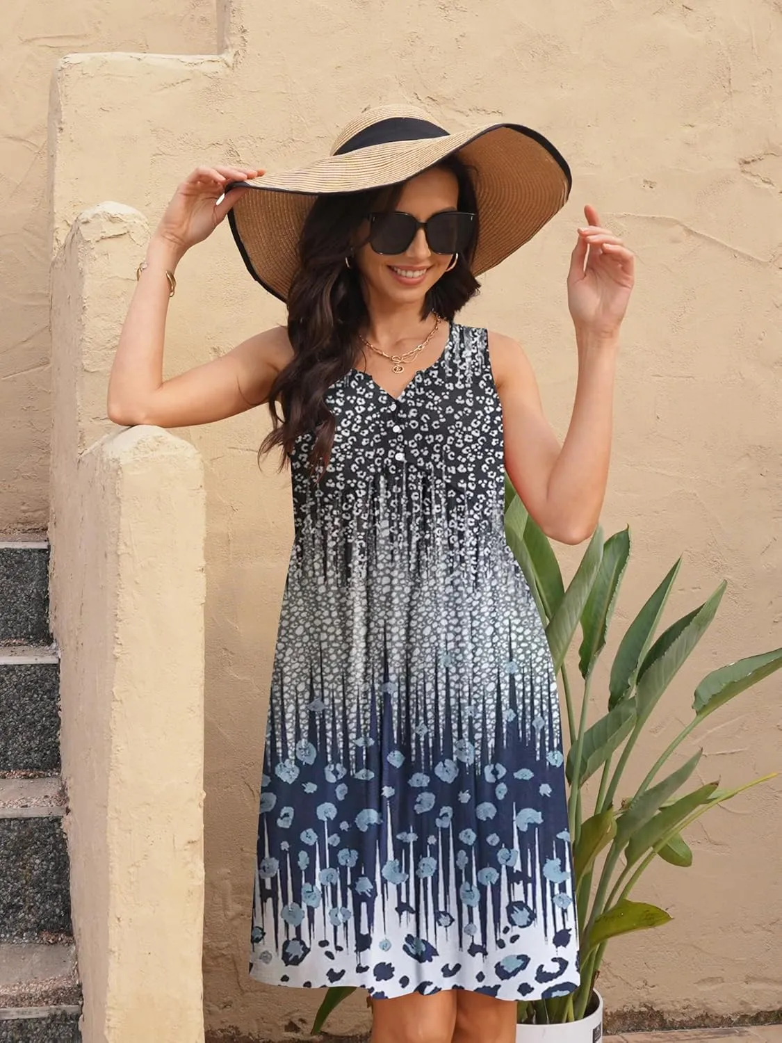 ETCYY Summer Dresses for Women 2025 Vacation Sleeveless Ruffle Beach Mini Dress Button Tank V Neck Floral Leaf Sundresses