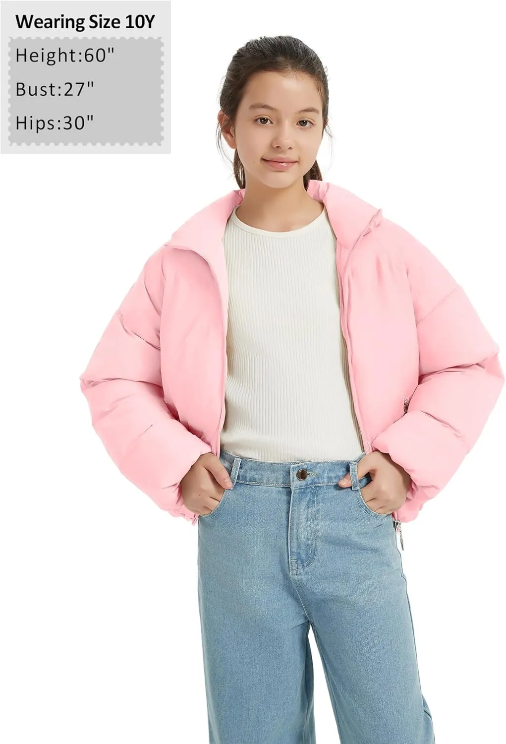 EXARUS Girls Puffer Jacket Warm Water Repellent Oversized/Cropped Stand Collar Pockets Zip up Quilted Short Bubble Coat