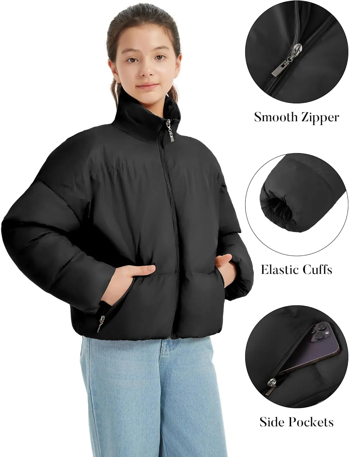 EXARUS Girls Puffer Jacket Warm Water Repellent Oversized/Cropped Stand Collar Pockets Zip up Quilted Short Bubble Coat