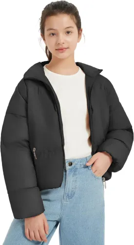 EXARUS Girls Puffer Jacket Warm Water Repellent Oversized/Cropped Stand Collar Pockets Zip up Quilted Short Bubble Coat