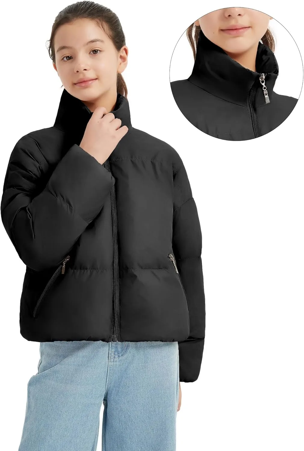 EXARUS Girls Puffer Jacket Warm Water Repellent Oversized/Cropped Stand Collar Pockets Zip up Quilted Short Bubble Coat