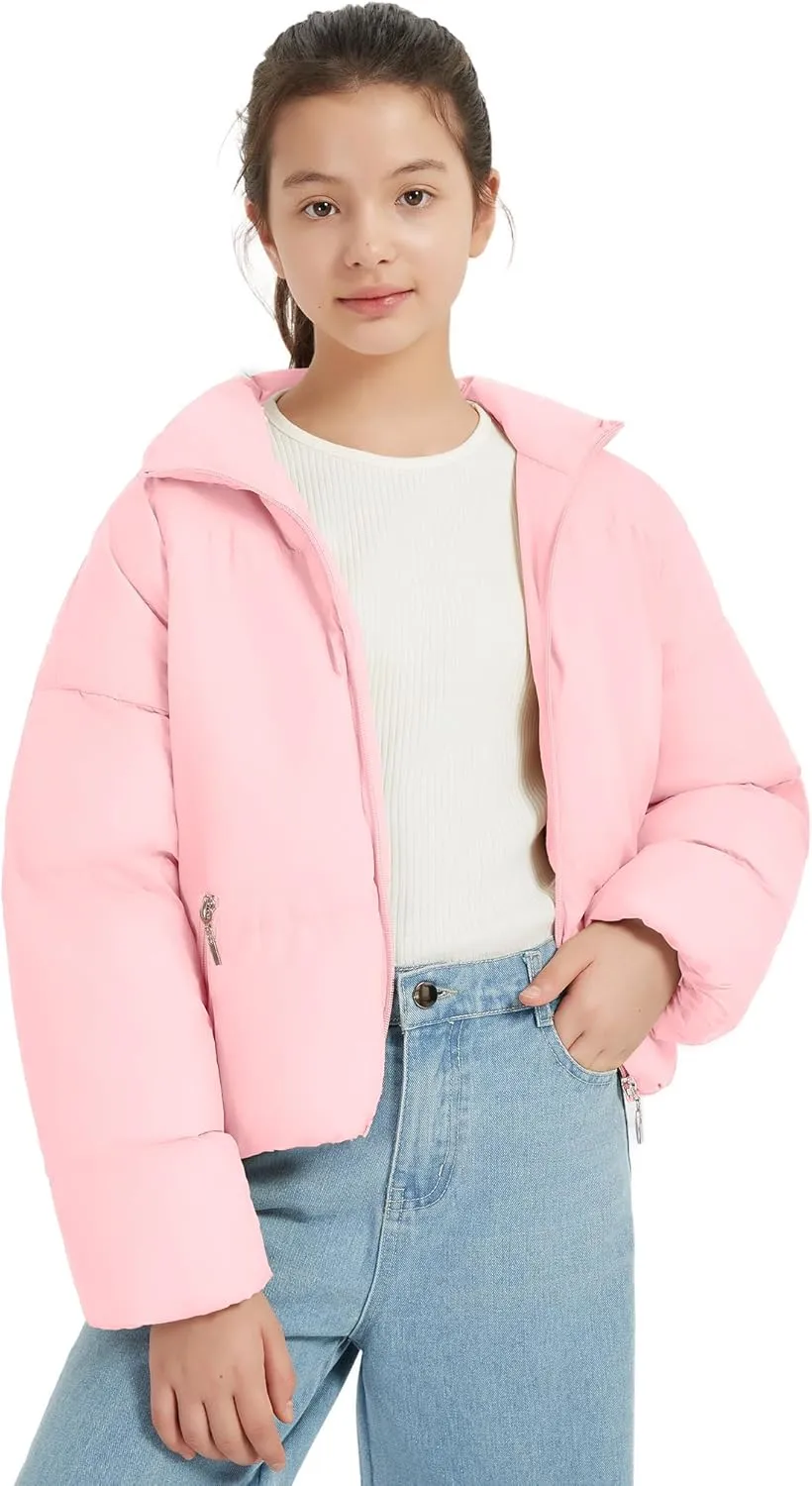 EXARUS Girls Puffer Jacket Warm Water Repellent Oversized/Cropped Stand Collar Pockets Zip up Quilted Short Bubble Coat