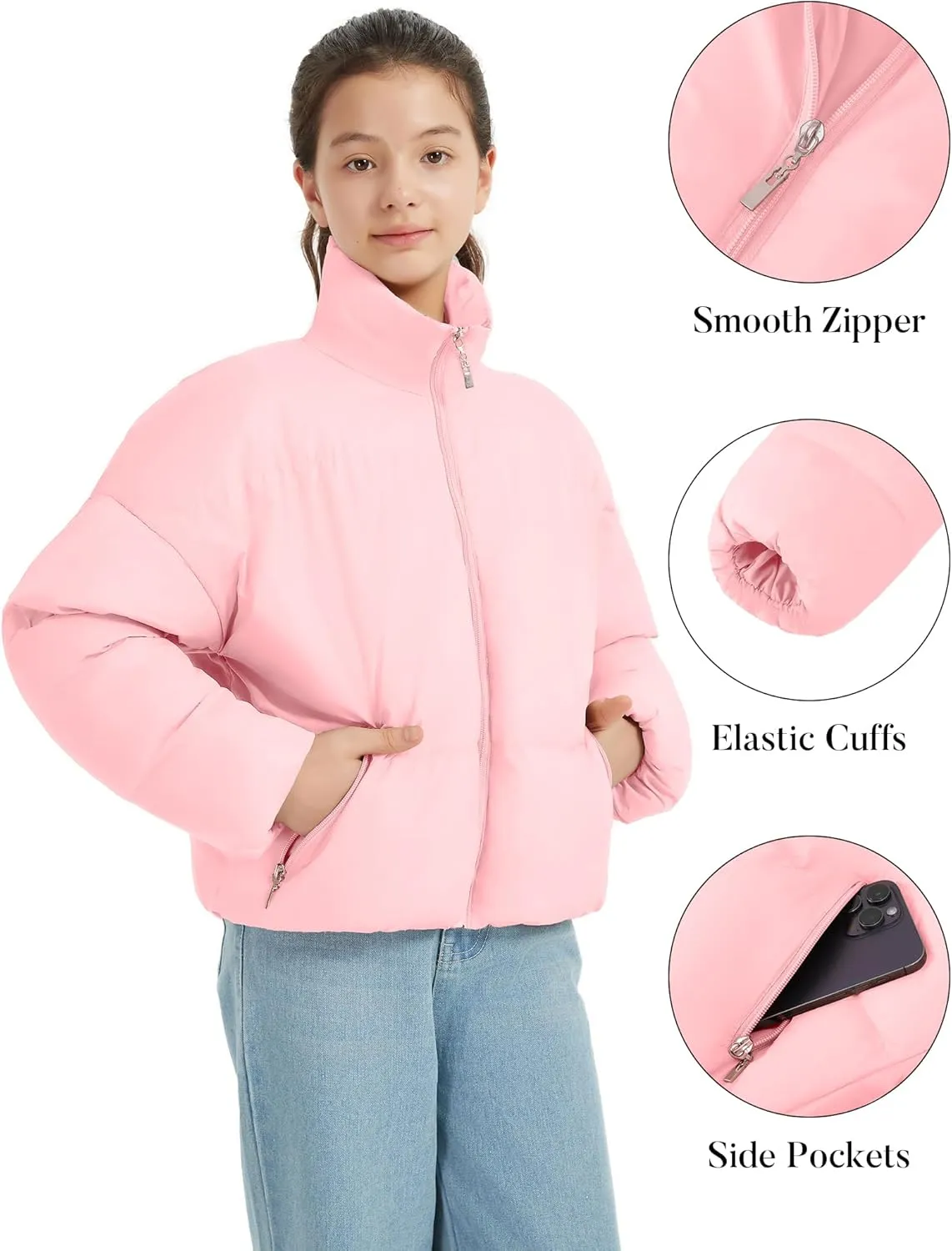 EXARUS Girls Puffer Jacket Warm Water Repellent Oversized/Cropped Stand Collar Pockets Zip up Quilted Short Bubble Coat