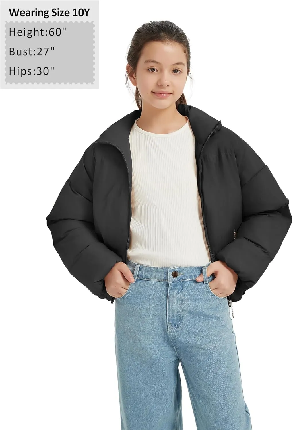 EXARUS Girls Puffer Jacket Warm Water Repellent Oversized/Cropped Stand Collar Pockets Zip up Quilted Short Bubble Coat