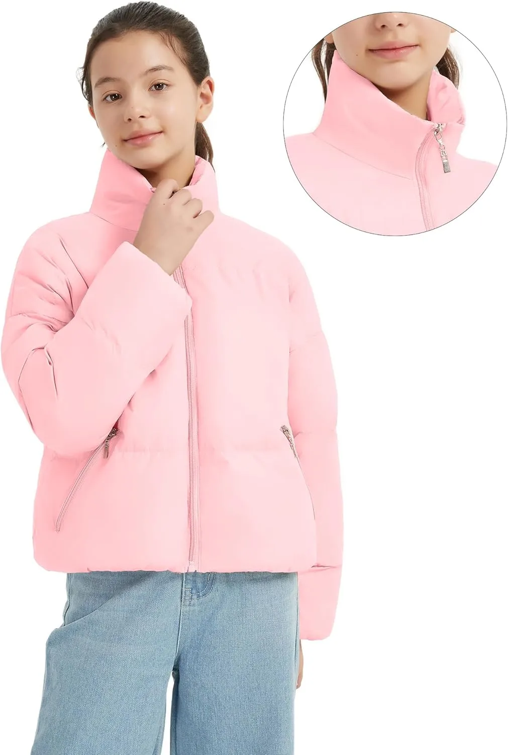 EXARUS Girls Puffer Jacket Warm Water Repellent Oversized/Cropped Stand Collar Pockets Zip up Quilted Short Bubble Coat