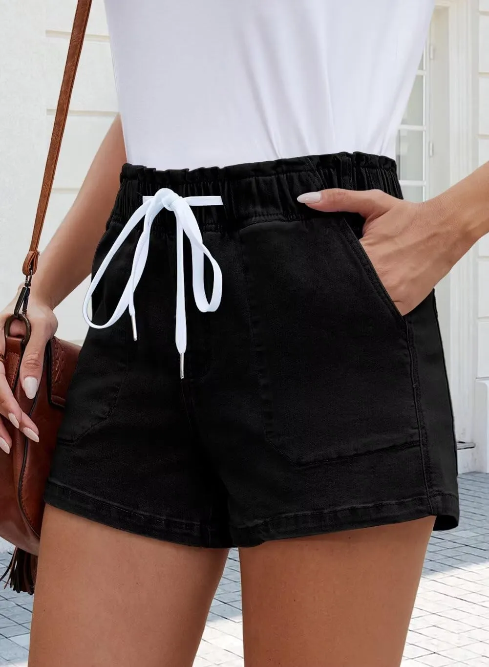 FEKOAFE Womens Stretchy Denim Shorts 2025 Summer Casual Drawstring Elastic Waist Jean Shorts with Pockets