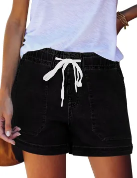 FEKOAFE Womens Stretchy Denim Shorts 2025 Summer Casual Drawstring Elastic Waist Jean Shorts with Pockets
