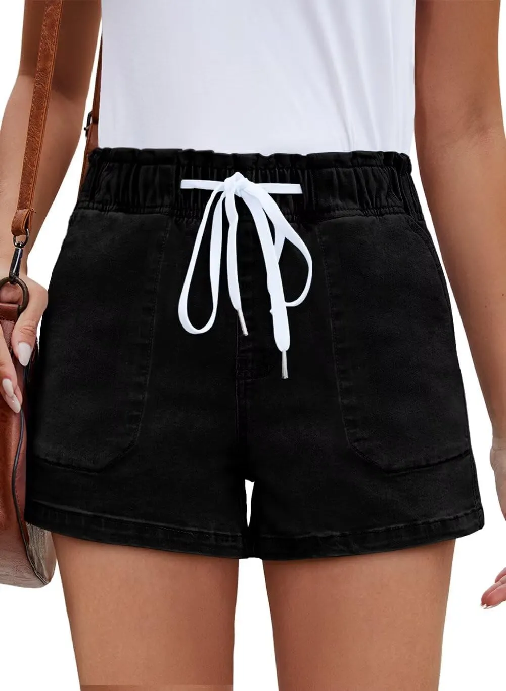 FEKOAFE Womens Stretchy Denim Shorts 2025 Summer Casual Drawstring Elastic Waist Jean Shorts with Pockets