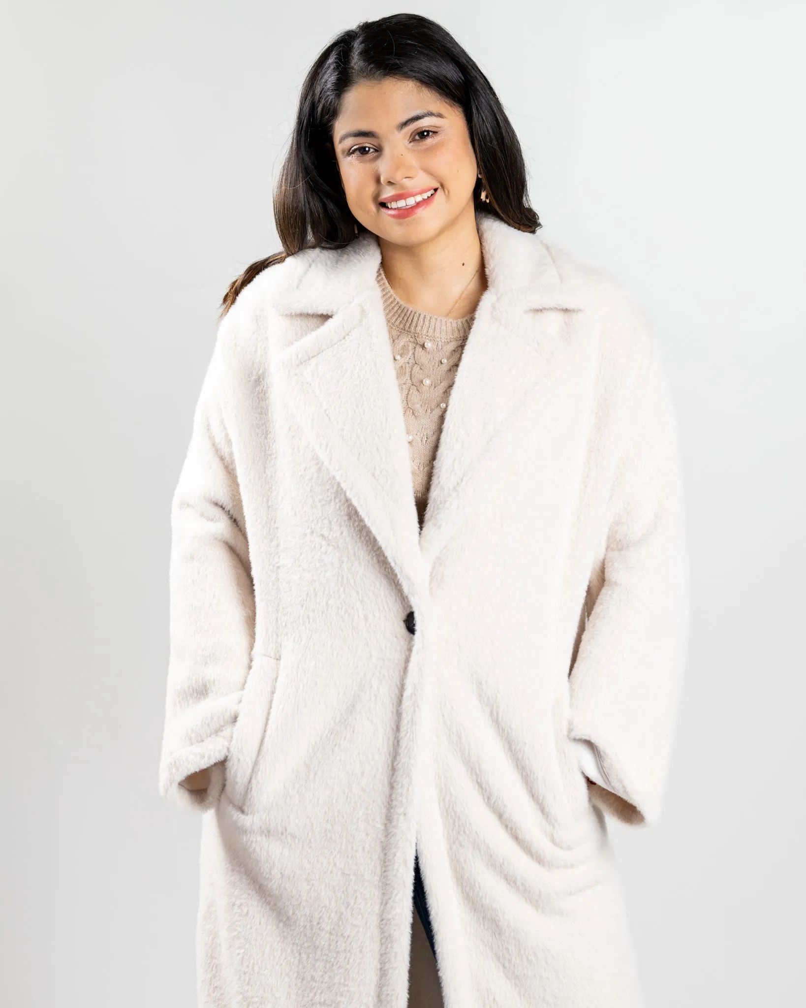 Frosted White Faux Fur Long Coat