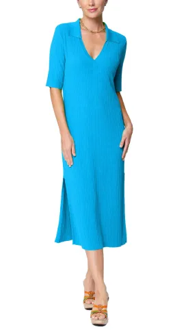 Gillian Rib Knit Midi Polo Dress - Turquoise